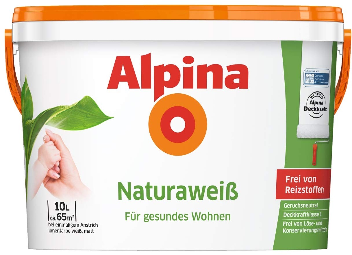 Alpina 5 L. &10 L. weiße Wandfarben für Innen, verschiedene Eigenschaften (10 Liter, Alpina Naturaweiß - Frei von Reizstoffen, Löse- & Konservierungsmitteln)