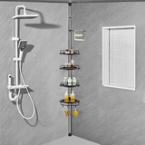 ZHUGE Teleskop Duschregal, verstellbares Eckregal für die Dusche mit 4 Ablagen, 4 Haken, 1 Handtuchstange für die Badezimmeraufbewahrung, rostfrei, 70-330 cm von Boden bis zur Decke, Schwarz
