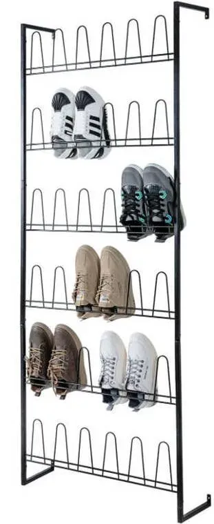 MyGift 70 Zoll schwarzer Metall-Schuhorganisator für Eingangsbereich, Wandmontiertes Schuhregal für Schrank mit 36 Haken, Platz für bis zu 18 Paar
