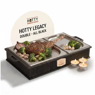 HOTTY Legacy Warmhalteplatte fürs Grillen – BBQ-Design Speisenwärmer mit personalisierbarem Batch – Stövchen für Grillgut mit Kerzen – Personalisiertes BBQ-Board für Grillpartys (All Black, L)