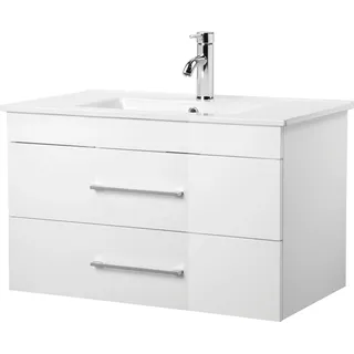 WELLTIME Waschtisch »Florenz Badmöbel Badschrank mit Waschbecken«, Waschplatz mit 2 Auszügen und Softclose Breite 80cm, weiß
