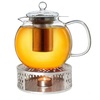 Teekanne aus Glas 1,7l + EIN Stövchen aus Edelstahl, 3-teilige Glasteekanne mit integriertem Edelstahl Sieb und Glasdeckel, ideal zur Zubereitung von losen Tees, tropffrei