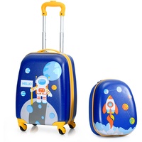 GOPLUS Kinderkoffer mit Rucksack, Kids Trolley, Kindergepäck mit Rollen, Reisekoffer mit Teleskopgriff, Hartschalenkoffer für Kinder, Kindertrolley Farbwahl (Astronaut, 12"+16")