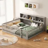 SOFTWEARY Kinderbett mit Lattenrost, und Zaun, 140x200 cm, Jugendbett, Rausfallschutz, Stauraum, Kiefer Grau