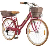 BIKESTAR Alu City Stadt Fahrrad 26 Zoll | 16 Zoll Rahmen, 7 Gang Shimano Damen Rad, Hollandrad Retro Bike mit V-Bremse und Gepäckträger | Berry | Risikofrei Testen