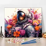 TISHIRON Malen nach Zahlen für Erwachsene Männlicher Astronaut und farbige Blumen Malen nach Zahlen Kits Astronaut Malen nach Zahlen DIY Ölmalerei Malen nach Zahlen, 40x50 CM