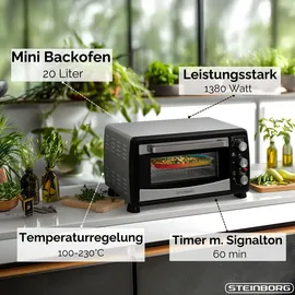 Steinborg Mini Backofen 20 Liter mit Umluft 1380W in schwarz