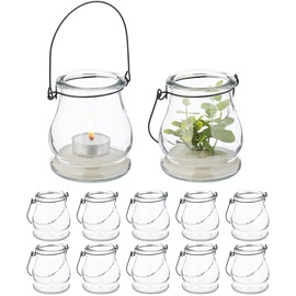 Relaxdays Windlicht, 12er Set, Glas, mit Henkel, innen & außen, Teelichthalter, H x D: 10 x 8,5 cm, transparent/schwarz, Eisen