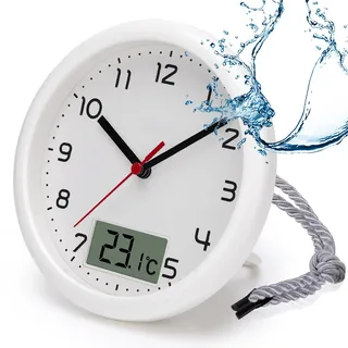 VIVILINEN Badezimmeruhr mit Temperaturanzeige Wanduhr ohne Tickgeräusche Küchenuhr mit Hängeband & Standfuß Feuchtigkeitsgeschützt 17cm