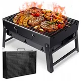 SpionProfi Holzkohlegrill Edelstahl Campinggrill Klappbarer Kleiner Grill Garten Party Balkon, Tragbarer Mini Holzkohlegrill für Picknick, Garten, Balkon uvm. schwarz