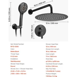 Vevor Duscharmatur Regenduschsystem fürs Badezimmer Duschsystem mit 305 mm runden Regenduschkopf & Handbrause, wandmontierte Badezimmerarmaturen m...