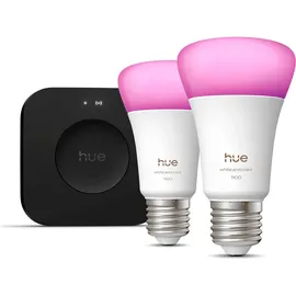 Philips Hue Starter Kit: Hue Bridge Pro + 2 E27, White and Color Ambiance, kompatibel mit gängigen Smart-Home-Assistenten
