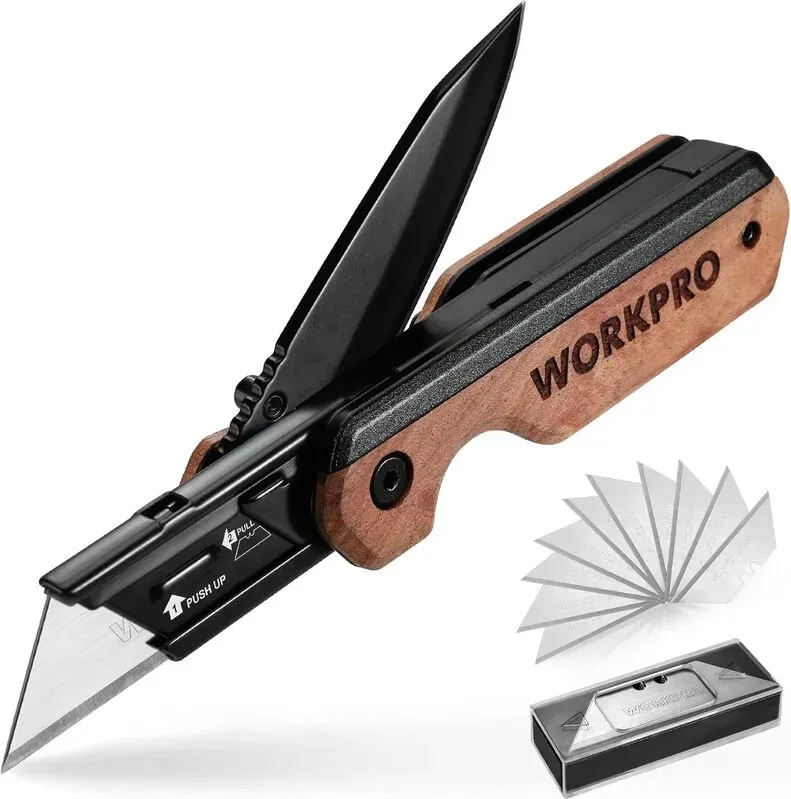 WORKPRO 2-in-1 Taschenmesser, klappbares Mehrzweckmesser aus Aluminium mit Holzgriff und Gürtelclip, Liner Lock, Schnellwechsel, enthält 10 zusätzliche Klingen.