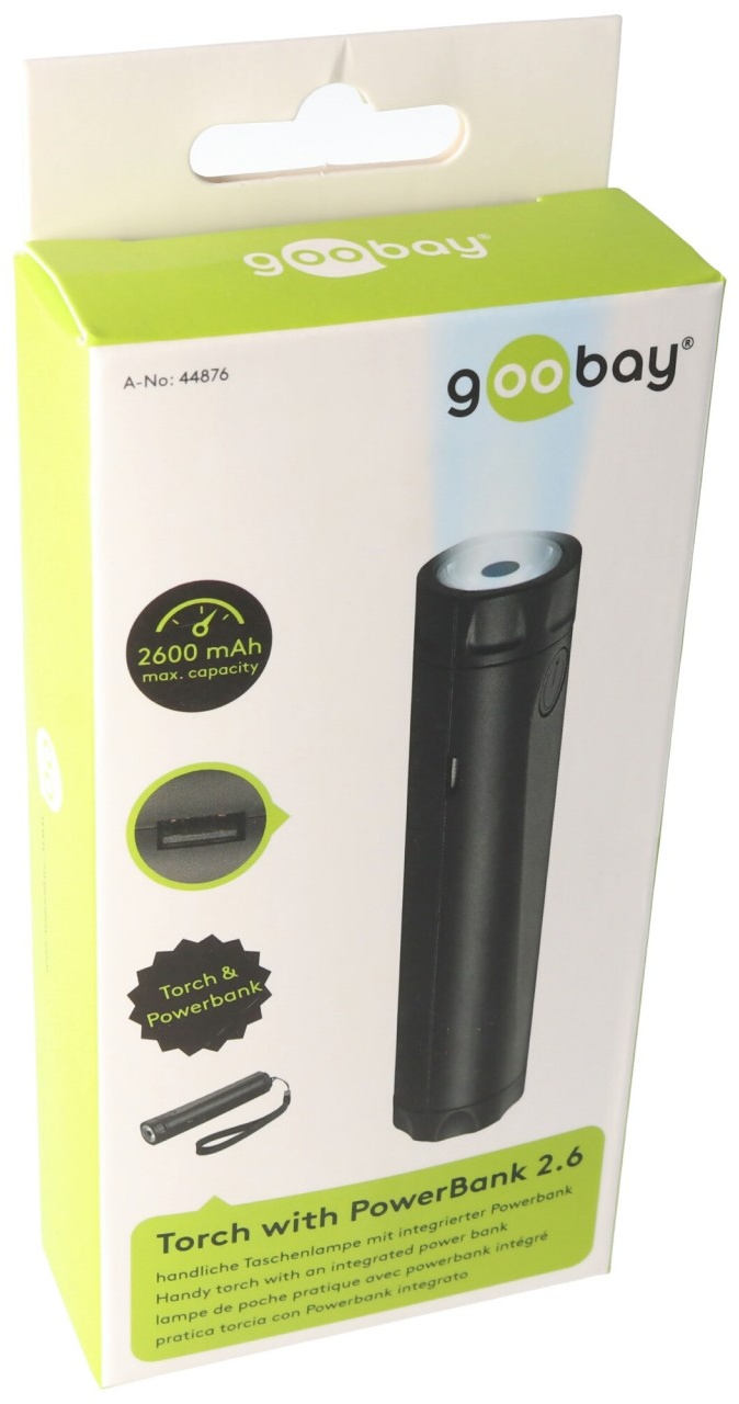 Powerbank 2600mAh mit heller LED-Taschenlampe und 2 Leuchtstärken