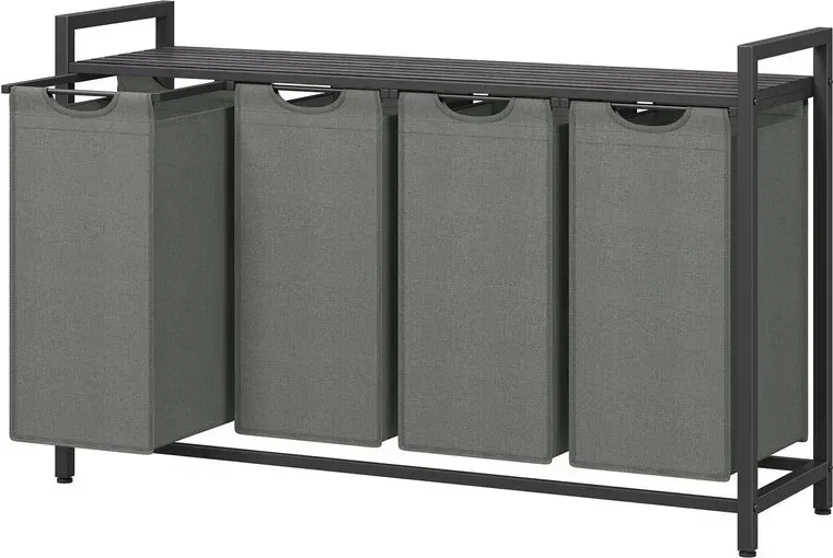 Ochama 4-Fach Wäschekorb mit herausziehbaren & abnehmbaren Innenbeuteln, Ablage – Metallrahmen, 4 x 40 L, 116 x 33 x 72 cm, Schiefergrau & Anthrazitgrau