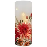Formano LED Deko Licht Sommerblumen Zylinder Glas 20 cm Blumen Motiv Timer 6h/18h batteriebetrieben (3× AA), stimmungsvolles Ambientelicht für Tisch, Fensterbank & Regal