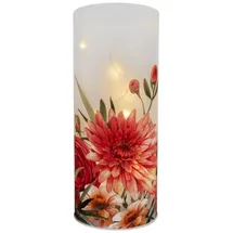 Formano LED Deko Licht Sommerblumen Zylinder Glas 20 cm Blumen Motiv Timer 6h/18h batteriebetrieben (3× AA), stimmungsvolles Ambientelicht für Tisch, Fensterbank & Regal