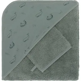 fillikid 2.tlg. Kapuzenbadetuch-Set Badetuch und Waschhandschuh 100 x 100 - Wal - Grün