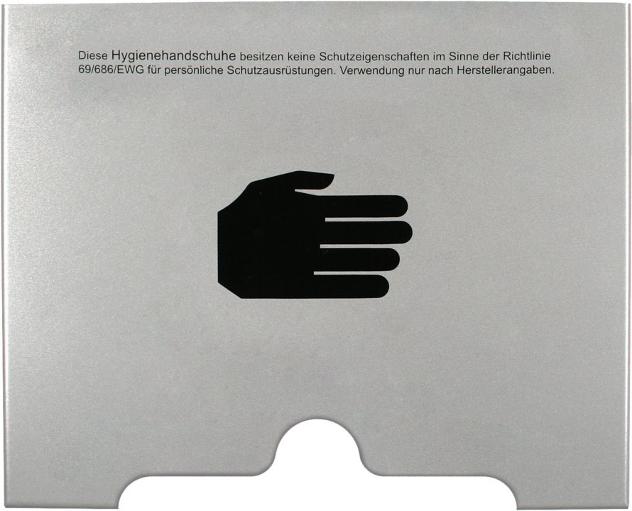 Handschuhspender Entnahme unten mittige Öffnung | ALU RAL9006 mit Schutzhinweis