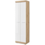 Stella Trading Garderobenschrank Eiche Artisan Weiß Hochglanz - Moderner Flurgarderoben Schrank mit viel Stauraum - 55 x 195 x 38 cm