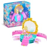 GALUPY Mermaid Beauty Salon - Faltbares Spielset mit 1x Einhorn Figur mit Meerjungfrauenflosse, Spiegel, Schubladen & Blumendrehstuhl