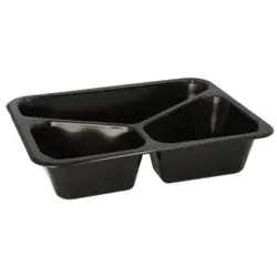 Menüschalen Mehrweg, Kunststoff, schwarz, Wiederverwendbare Menübox aus Polypropylen, bruch- und schnittfest, 1 Packung = 20 Stück, 3-geteilt