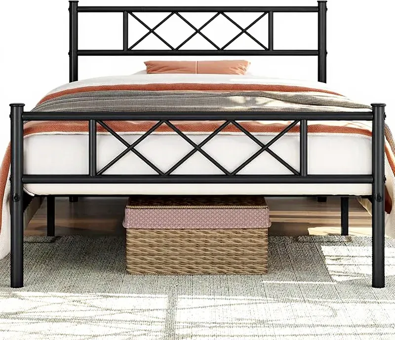 Yaheetech Modernes Metallbettgestell mit Lattenrost, Doppelbett/Einzelbett, Bettgestell mit Kopfteil, Gästebett, Jugendbett für Schlafzimmer, Gästezimmer, 90 x 200 cm, Schwarz