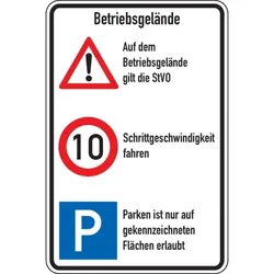 Schild I Kombischild Betriebsgelände, STVO und 10 km/h+Parken, Aluminium, 600x900mm, nach StVO