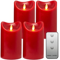 Tronje LED Echtwachskerzen 4er Set mit Timer u. Fernbedienung 15cm Kerzen mit beweglicher Flamme 1000 Std. Brenndauer (4er Set in Rot)...