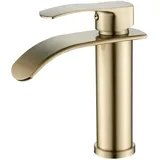 Beelee Einloch-Einhebel Wasserfall Waschtischarmatur mit G3/8" Kalt- und Warmwasseranschluss, Gebürstetes Gold, Moderne Armatur für Waschbecken im Badezimmer