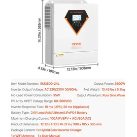 Vevor Hybrid-Solarwechselrichter, reiner Sinus-Wechselrichter 24 V DC auf 220/230 V AC, mit integriertem 100A MPPT-Solarregler, für netzunabhängige Blei-Säure-Lithium-Batterie