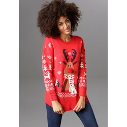 Aniston CASUAL Weihnachtspullover, mit Bommel-Nase und Fransenschal Aniston CASUAL rot-weiß-marine-hellbraun-braun 36