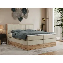 MKS Meble King Boxspringbett 180x200 mit Bettkasten Eiche, Polsterbett 180x200 mit Matratze H3, Bett 180x200 mit Rahmen in Wotan Eiche und Kopfteil... - Beige