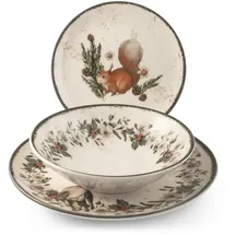 H&H Weihnachts-Tischservice 18 Teile Garland aus Steinzeug – Elegantes Set mit Wintertier-Motiven und zarter Gitterdekoration, mikrowellen- und spülmaschinenfest