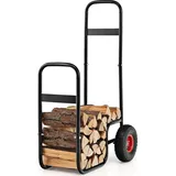 Costway Kaminholzwagen Metall, Brennholzwagen mit rädern bis 100 kg, Holzwagen für Kaminholz, Brennholzkarre kaminholzregal für Holztransport & Schwarz
