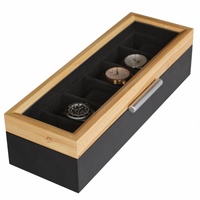 CASE ELEGANCE Uhrenbox mit Echtglas für 6 Uhren - Zweifarbig im Kiefer und Schwarz mit modernem Aluminiumgriff