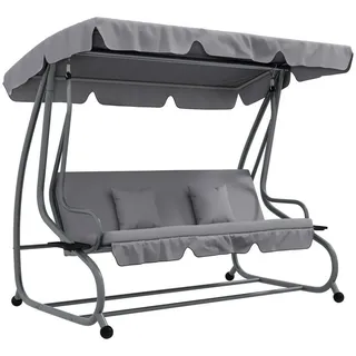 Outsunny Hollywoodschaukel mit Liegefunktion, 3-Sitzer Gartenschaukel mit Verstellbarem Dach, Beistelltisch, wasserabweisender Schaukelbank belastbar bis 340kg, für Garten, 200x120x164cm, Hellgrau