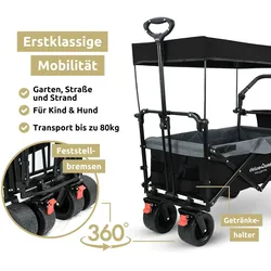 deluxe4home® Bollerwagen faltbar mit Breiten Reifen und Dach   Schwarz/Grau