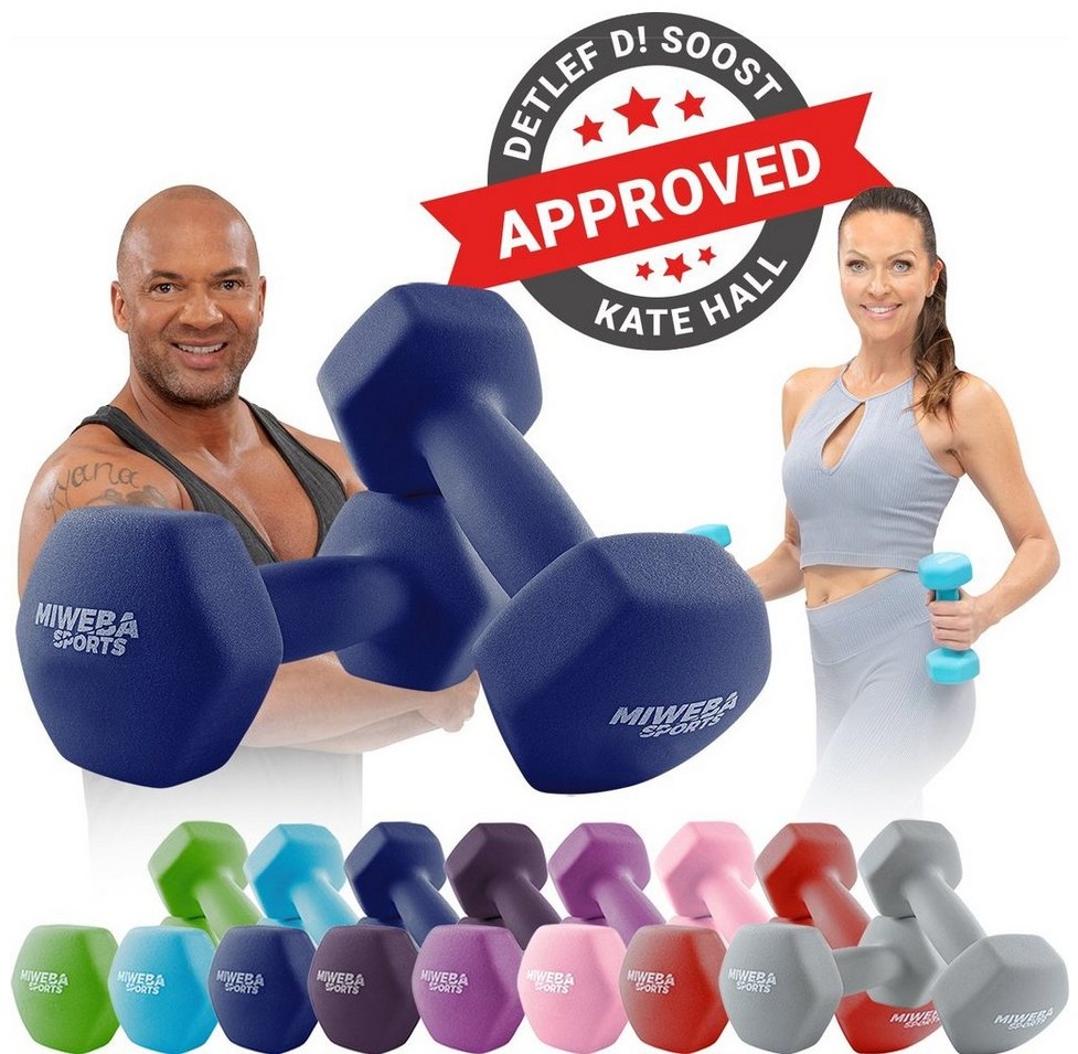 Miweba Sports Kurzhantel Gymnastikhanteln NKH100 - 9 Gewichtsklassen, (Anti-Rutsch-Oberfläche - Neopren - bodenschonend - Hexagon-Form - 8 Farben - Training - Krafttraining - Muskelaufbau - Fitness - Sport - Workout, 0,5 kg - 1 kg - 2 kg - 3 kg - 4 kg - 5 kg - 6 kg - 8 kg - 10 kg), Aerobic Hantel Set Kurzhantel Fitnesshanteln Gewichte blau 2 x 0,5 kg