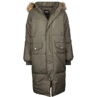 URBAN CLASSICS Ladies Oversize Faux Fur Puffer Coat TB2382, color:darkolive/beige, size:XS