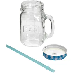 6er Set Glasbecher mit Henkel, Deckel und Trinkhalm inkl. Rezeptheft - blau kariert - 0,5 Liter Trinkbecher / Trinkglas mit Relief