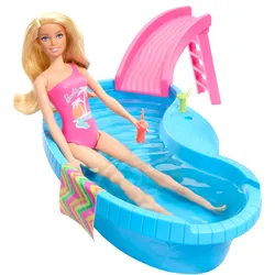 Barbie-Puppe und Pool Spielset, blonde Puppe mit Pool, Rutsche, Handtuch und Getränke-Accessoires