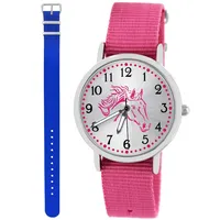 Pacific Time Kinder Armbanduhr Mädchen Junge Pferd Kinderuhr Set 2 Textil Armband rosa + royal blau analog Quarz 10553