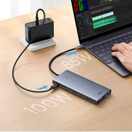Baseus HUB PortalJoy Series 13in1 USB-C - 2x HDMI / DP / VGA / USB-A 3.1 / USB-C 3.1 / USB-A 2.0 / P (USB-C, 13 Ports), Dockingstation / USB Hub, Grau
