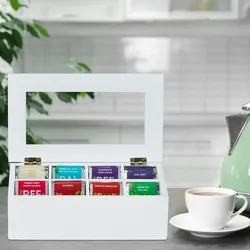 Relaxdays Teebox, 8 Fächer, Bambus, HBT: 9x28x16 cm, für Tee & Kaffeepads, Teekasten mit Deckel, staubgeschützt, weiß