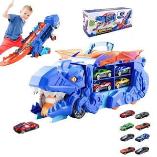 Dinosaur Car Play Truck, Dinosaur Car Carrier Truck, Ultimate T Rex Transporter, Transport Dinosaur Truck, Transport Dinosaur Truck with Foldable Sliding, Dino Truck Track Toy Set (8 car)