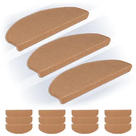 Relaxdays Stufenmatten im 15er Set, abgerundete Treppenstufenmatten, BT: 65x24 cm, Selbstklebende Treppenteppiche, beige