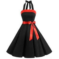 Timormode Damen Vintage Cocktailkleid Knielang Neckholder Swing Retro Rockabilly Kleid L Schwarz - L