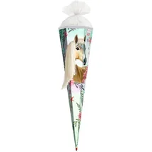 ROTH Schultüte 85 cm groß, Motiv Pferd Bella mit Wollmähne und Glitzerborte sowie Rot(h)-Spitze, 6-eckig und Tüllverschluss