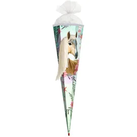 ROTH Schultüte 85 cm groß, Motiv Pferd Bella mit Wollmähne und Glitzerborte sowie Rot(h)-Spitze, 6-eckig und Tüllverschluss